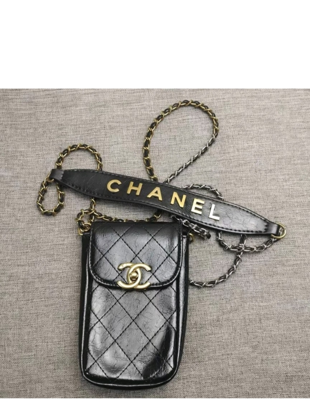 CHANEL Black Quilted Leather Crossbody Phone Pouch with Chain Strap (GWP)